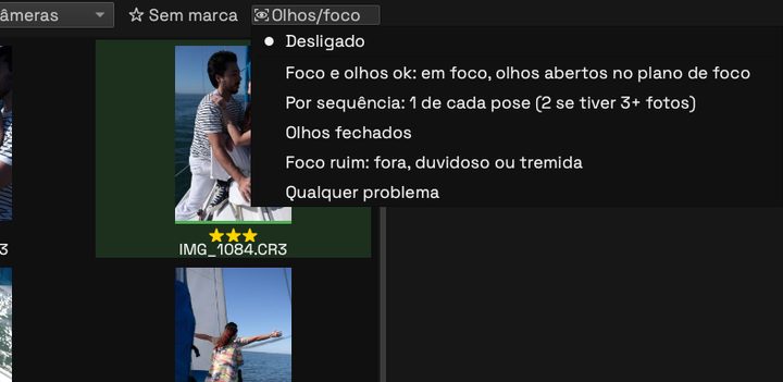 Menu do filtro com as opções por sequência, olhos fechados e foco ruim